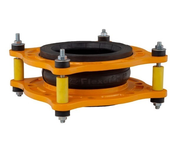 لرزه گیر لاستیکی آبی قرمز مهاردار فلکسور پارس PN16 با تحمل دمای ۹۰ درجه